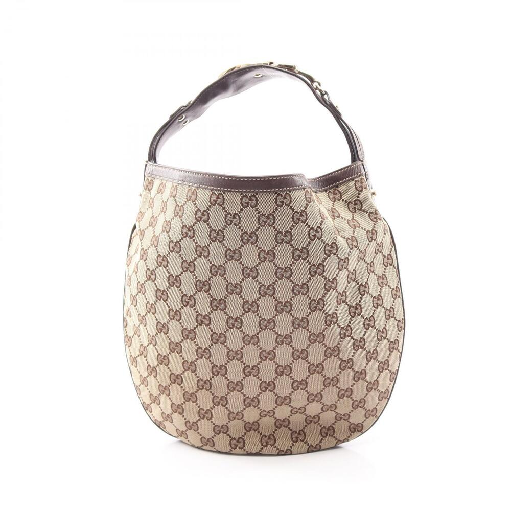 Gucci GG Canvas Horsebit Handbag Leather Beige Cream Brown